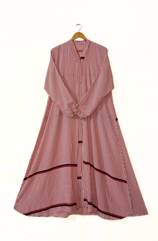 Crimson Check Front Open Long Flair Abaya