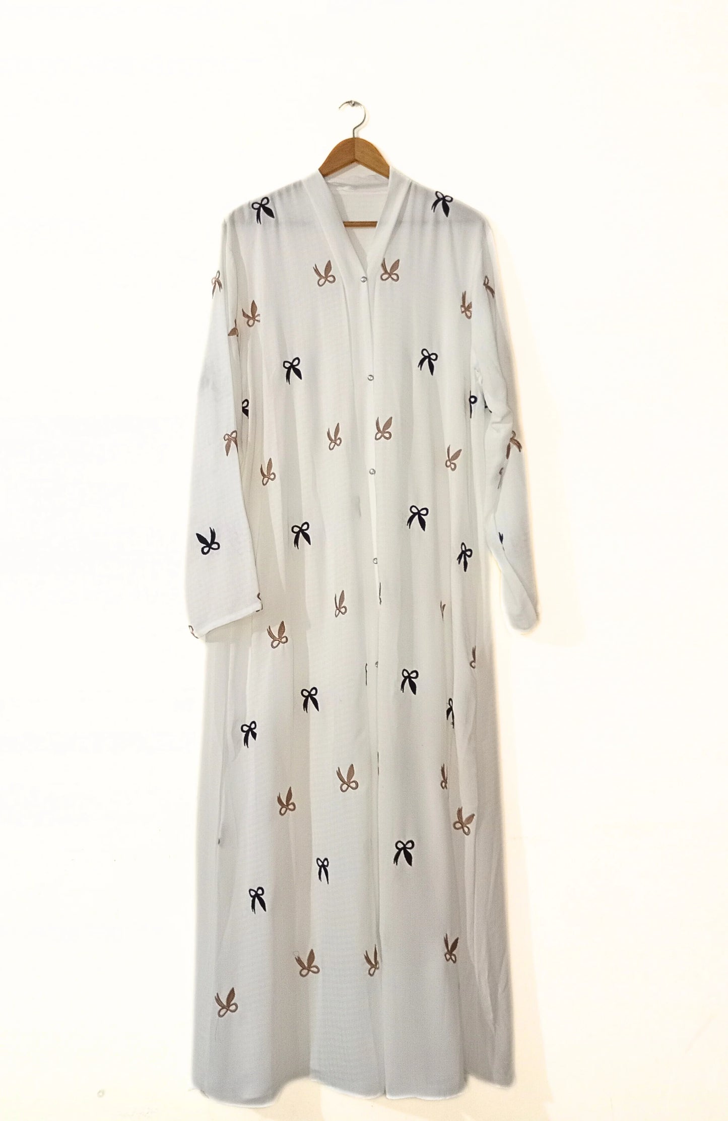 White Front Open Bow Embroidered Abaya