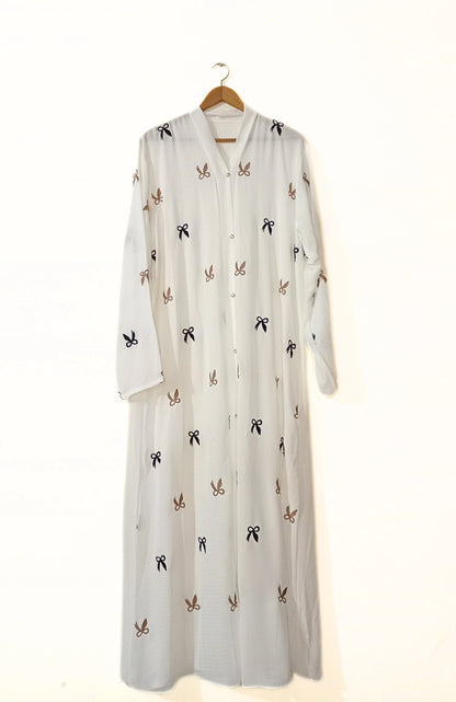 White Front Open Bow Embroidered Abaya