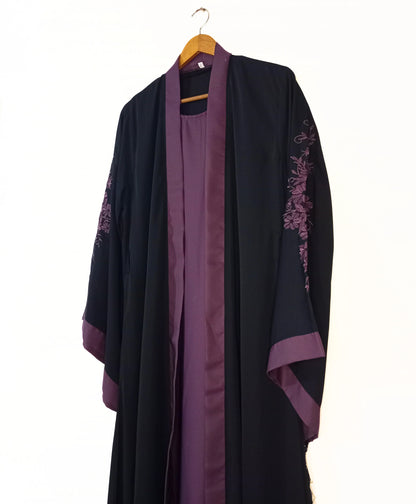 Embroidered Gown Abaya With Attached Inner-Plum