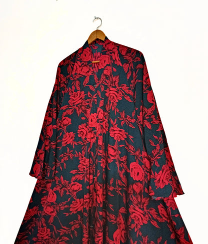 Black Rose Front Open Long Flair Abaya