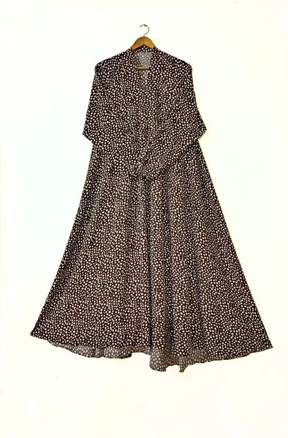 Choco Dot Front Open Long Flaired Abaya