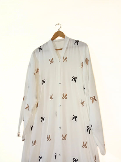 White Front Open Bow Embroidered Abaya