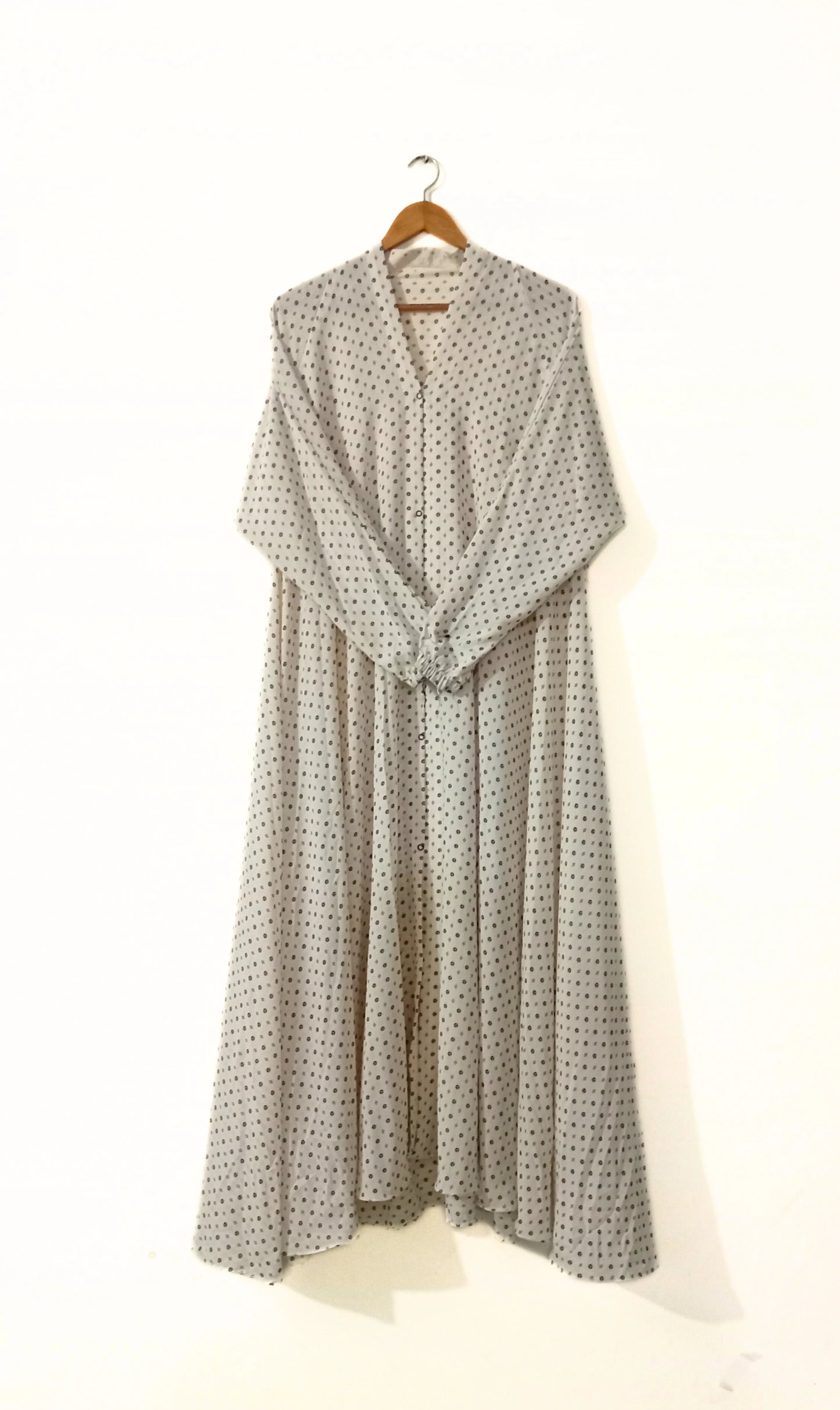 White Polka Dot Front Open Long Flair Abaya
