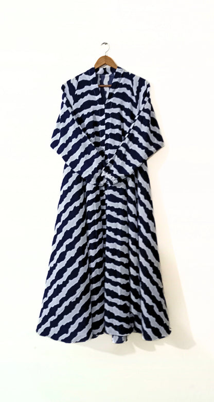 Dark Blue Stripes Front Open Long Flair Abaya