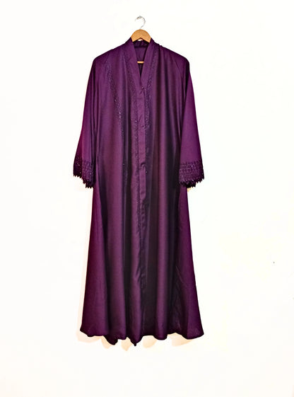 Matte Purple Front Open Abaya with Staller - Cutwork Sleeves