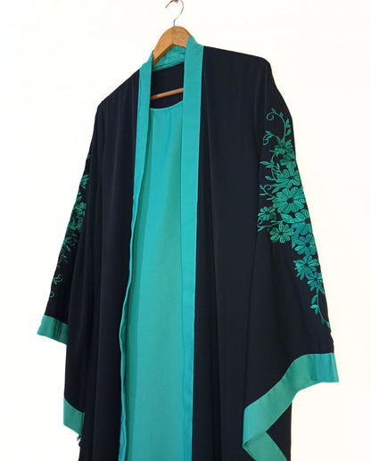 Embroidered Gown Abaya With Attached Inner-Blue