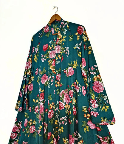 Majestic Emerald Front Open Long Flared Abaya