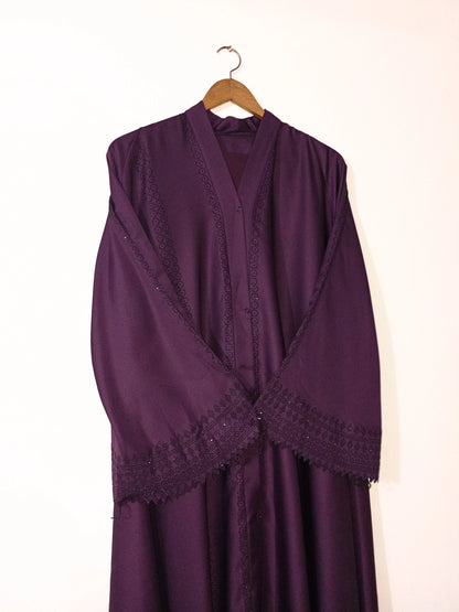 Matte Purple Front Open Abaya with Staller - Cutwork Sleeves