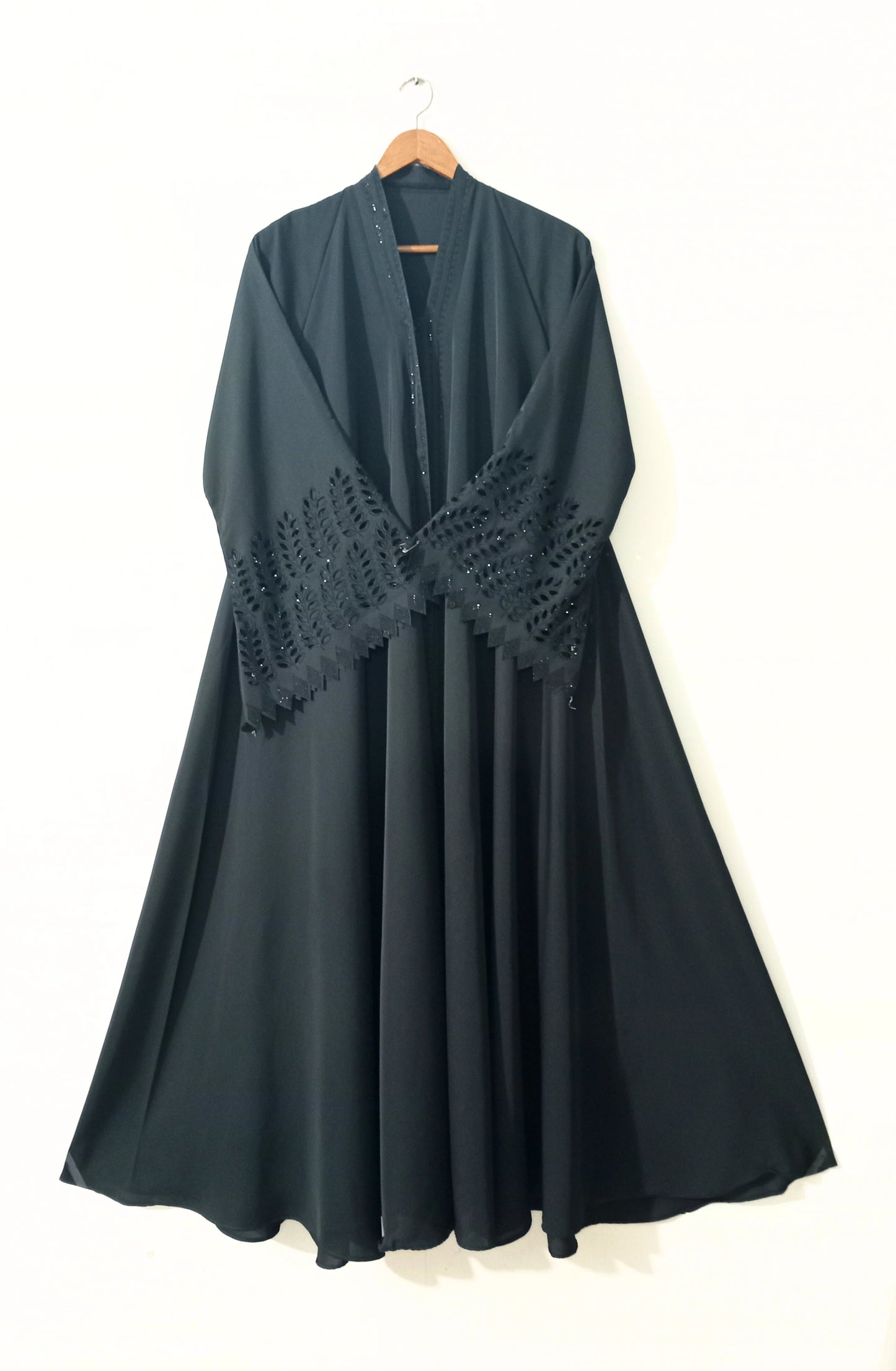 Smoky Green Nidha Abaya- Petal Cutwork Sleeves