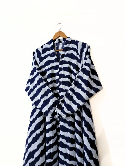 Dark Blue Stripes Front Open Long Flair Abaya