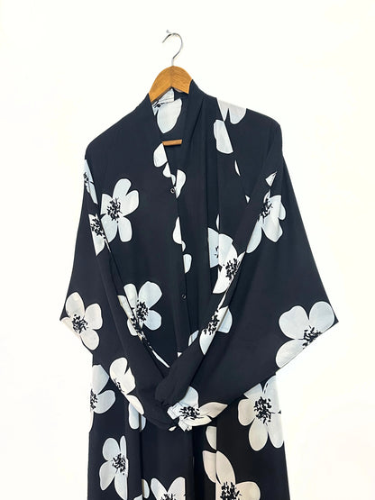 Black Petunia Front Open Long Flair Abaya