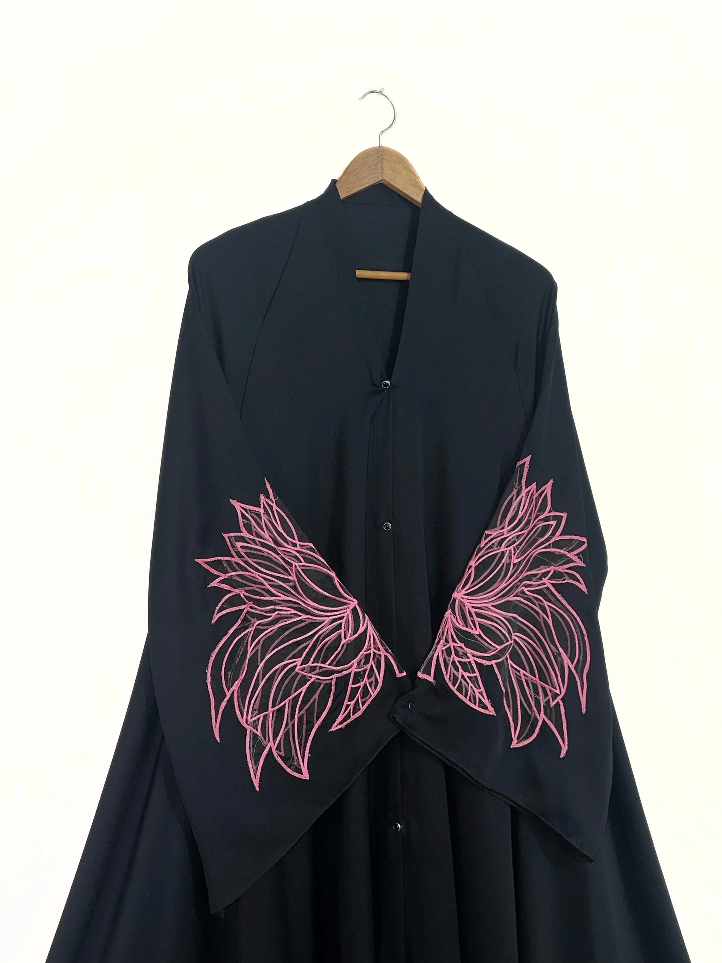 Pink Wings Embroidered Front Open Long Flare Abaya