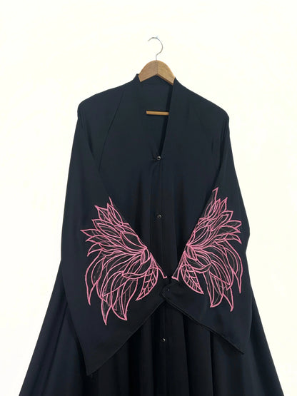 Pink Wings Embroidered Front Open Long Flare Abaya
