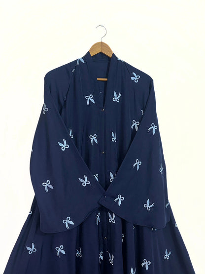 Dark Blue Bow Embroidered Front Open Long Flair Abaya