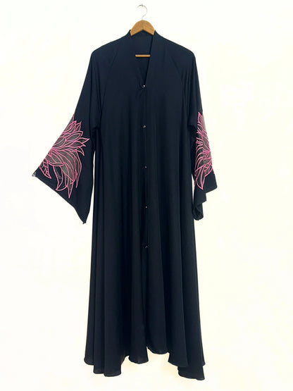 Pink Wings Embroidered Front Open Long Flare Abaya