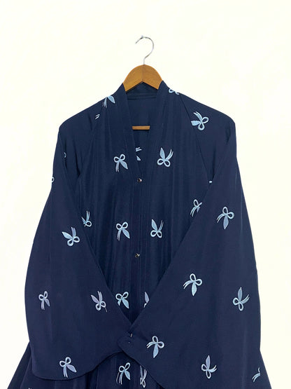 Dark Blue Bow Embroidered Front Open Long Flair Abaya