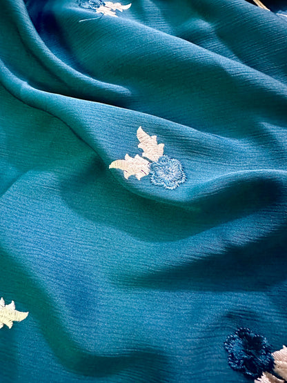 Blue Crinkle Nidha Front Open Abaya with Embroidery