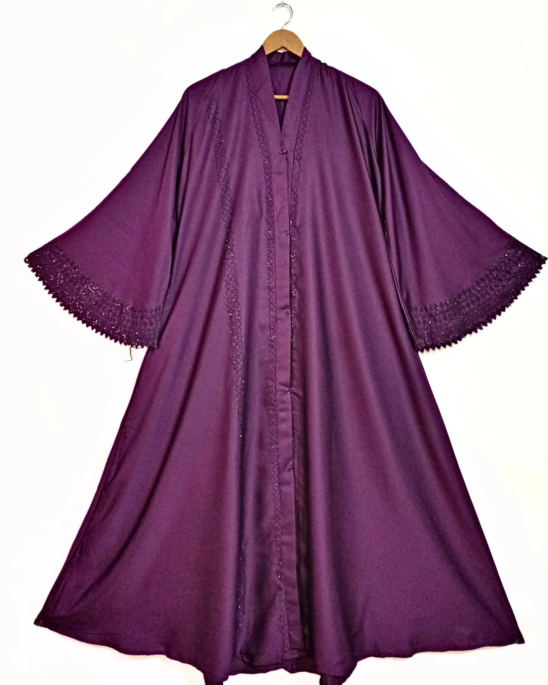 Matte Purple Front Open Abaya with Staller - Cutwork Sleeves