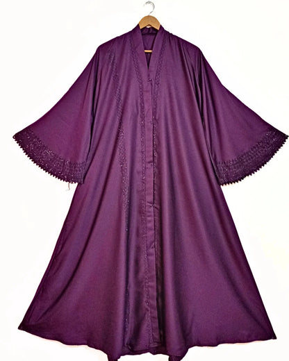 Matte Purple Front Open Abaya with Staller - Cutwork Sleeves