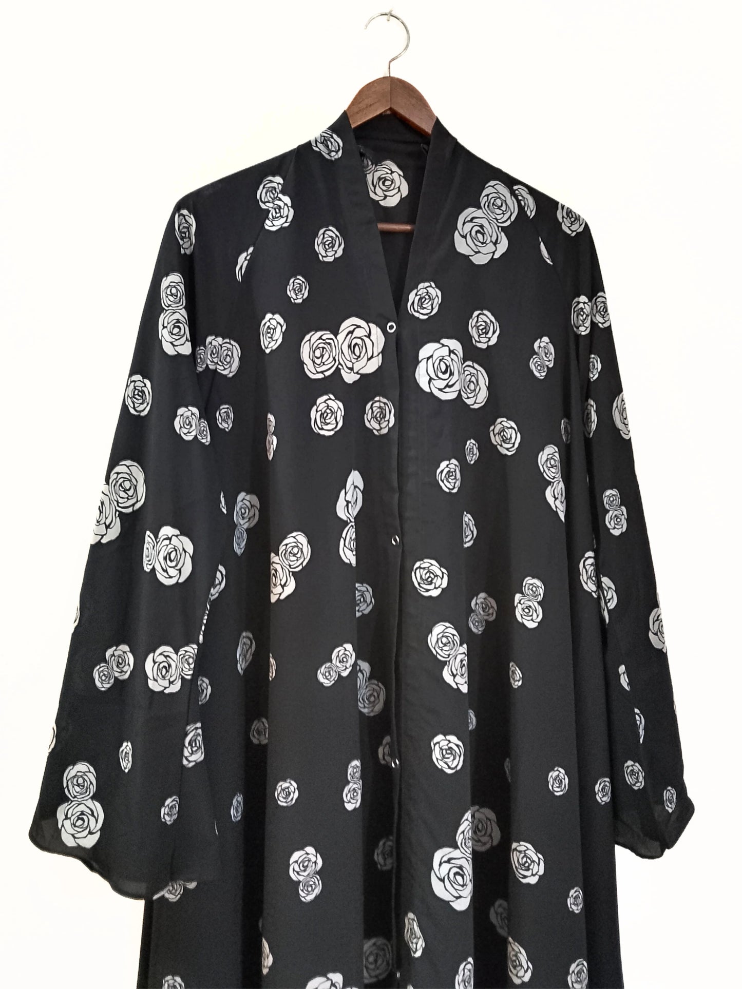 Black White Rose Front Open Long Flair Abaya