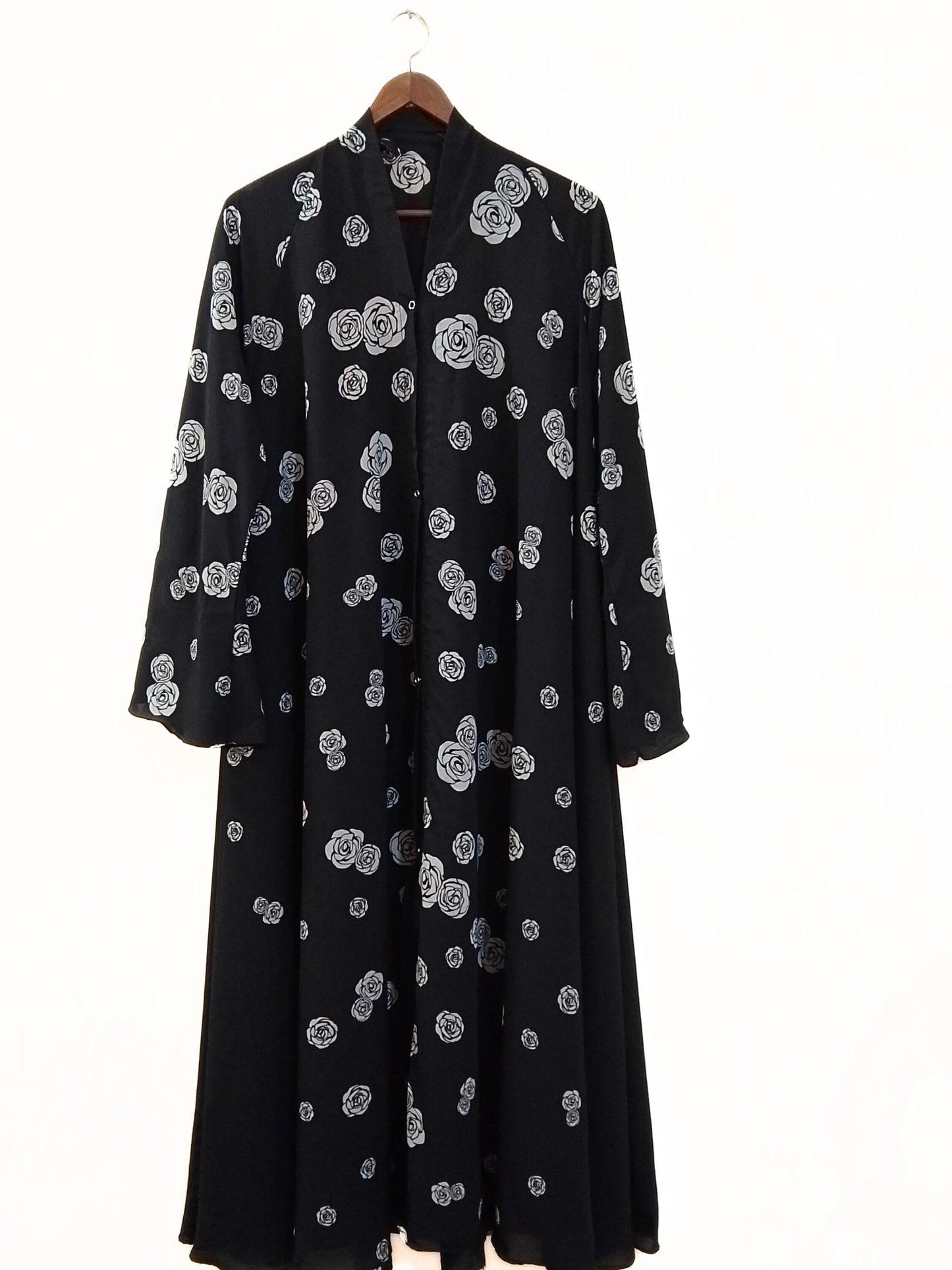 Black White Rose Front Open Long Flair Abaya