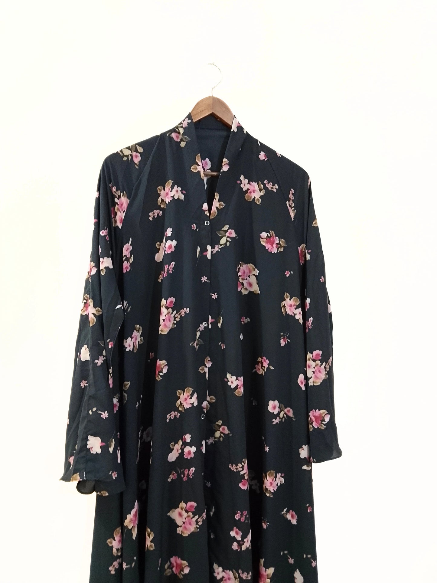 Black With Pink Flowers Front Open Long Flair Abaya