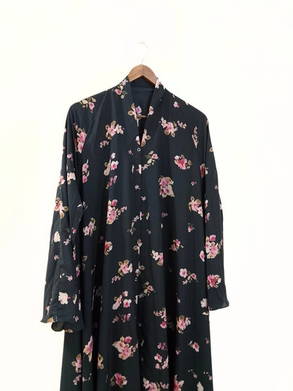 Black With Pink Flowers Front Open Long Flair Abaya