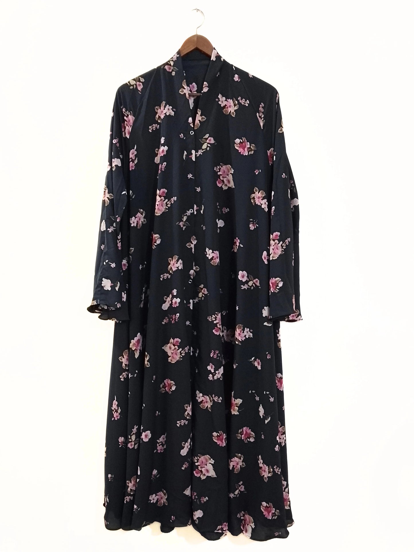 Black With Pink Flowers Front Open Long Flair Abaya