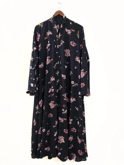 Black With Pink Flowers Front Open Long Flair Abaya