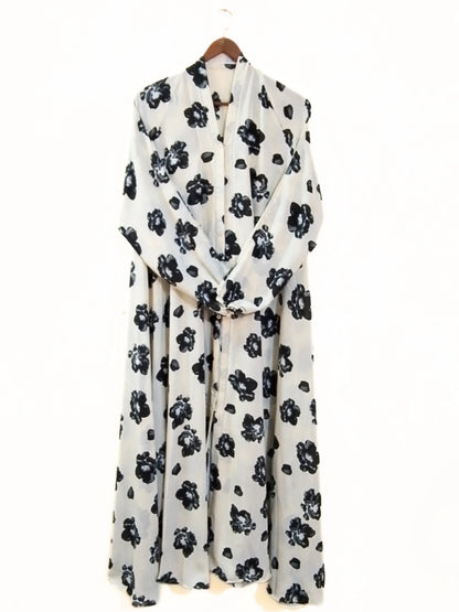 White With Black Flowers Front Open Long Flair Abaya