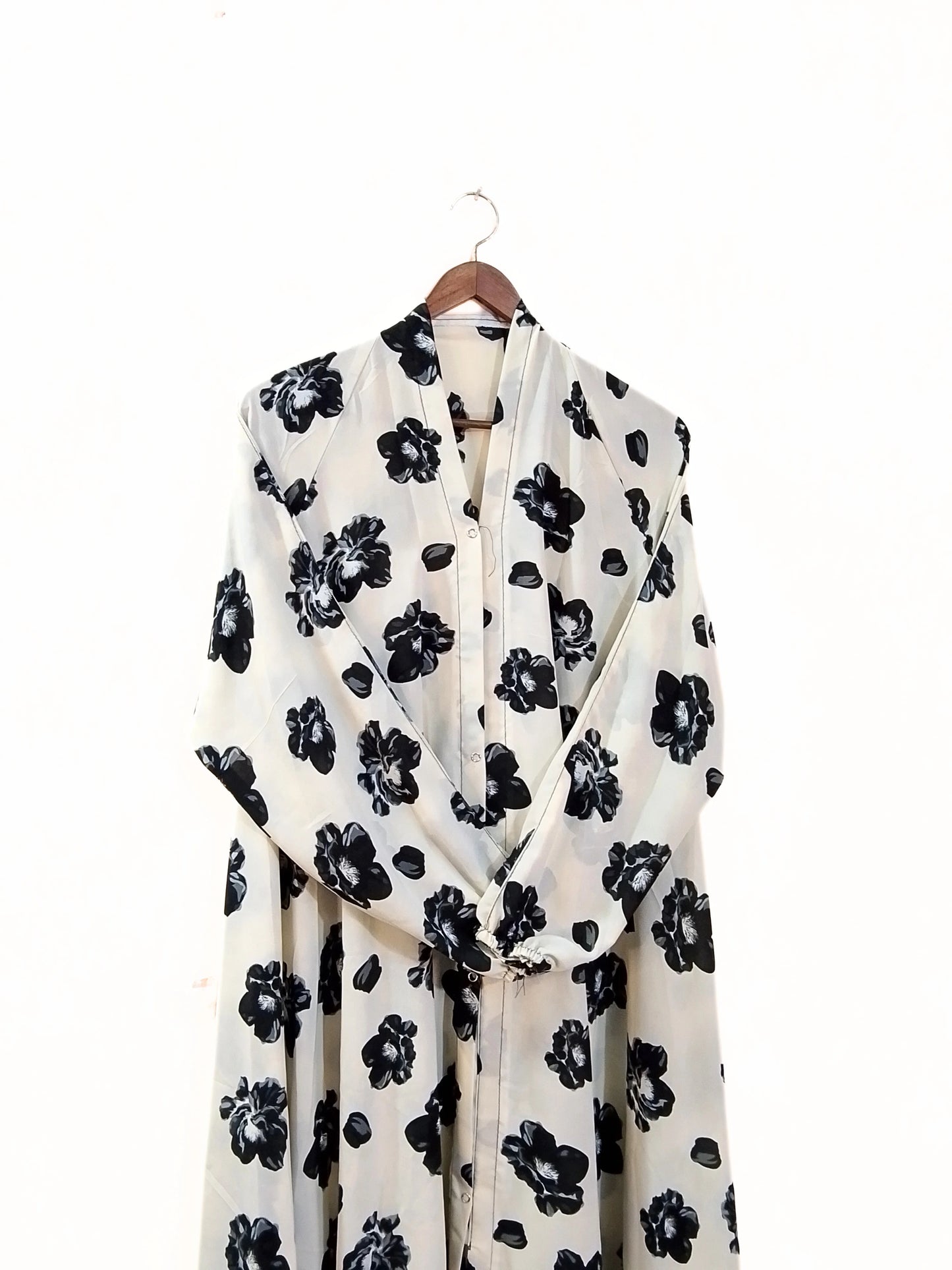 White With Black Flowers Front Open Long Flair Abaya