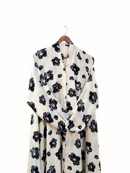 White With Black Flowers Front Open Long Flair Abaya