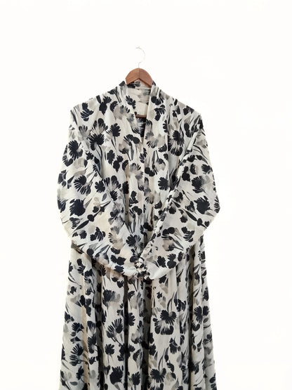 Inky Leaf Print Front Open Long Flared Abaya