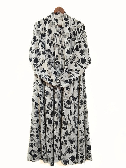 Inky Leaf Print Front Open Long Flared Abaya