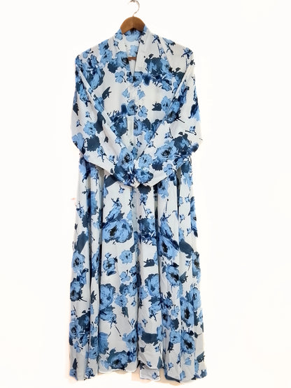 Blue Flora Front Open Long Flair Abaya