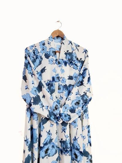 Blue Flora Front Open Long Flair Abaya
