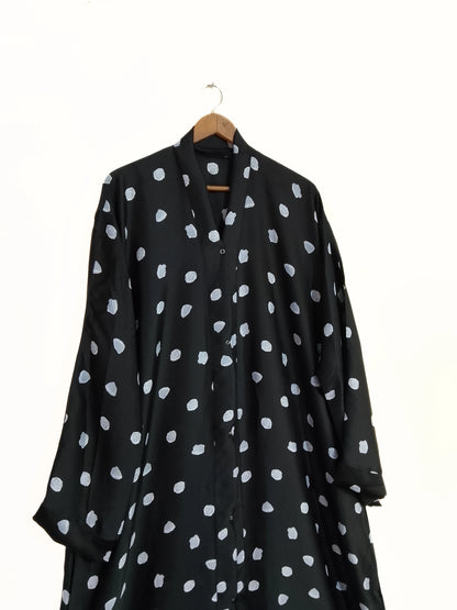 Front Open Crinkle Silk Abaya With Polka Dot Print