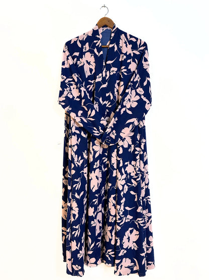 Navy Garden Front Open Long Flair Abaya