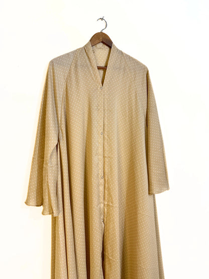 Ivory Dots Front Open Long Flair Crinkle Abaya