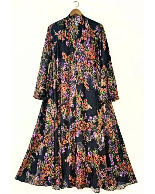 Black Garden Front Open Long Flair Abaya