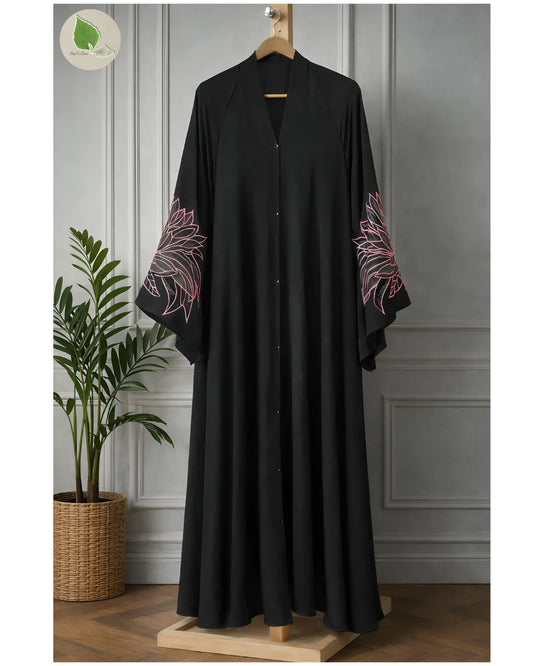 Pink Wings Embroidered Front Open Long Flare Abaya
