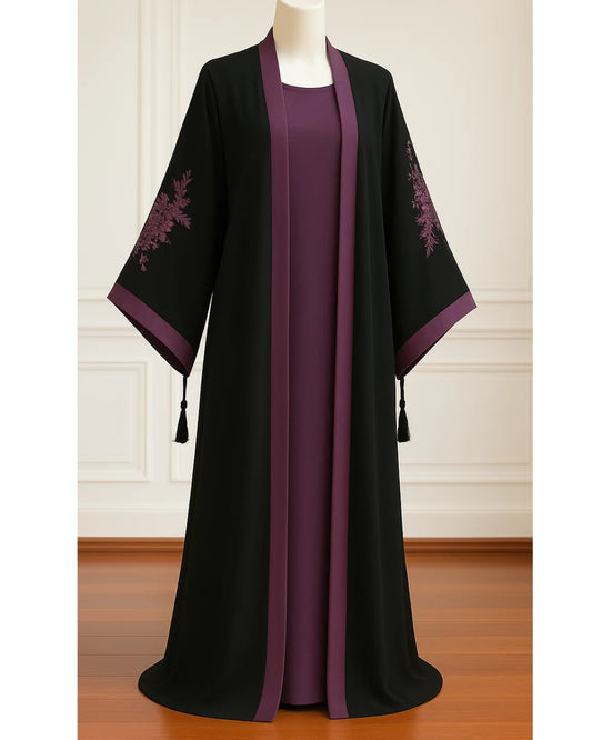 Embroidered Gown Abaya With Attached Inner-Plum