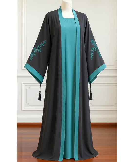 Embroidered Gown Abaya With Attached Inner-Blue