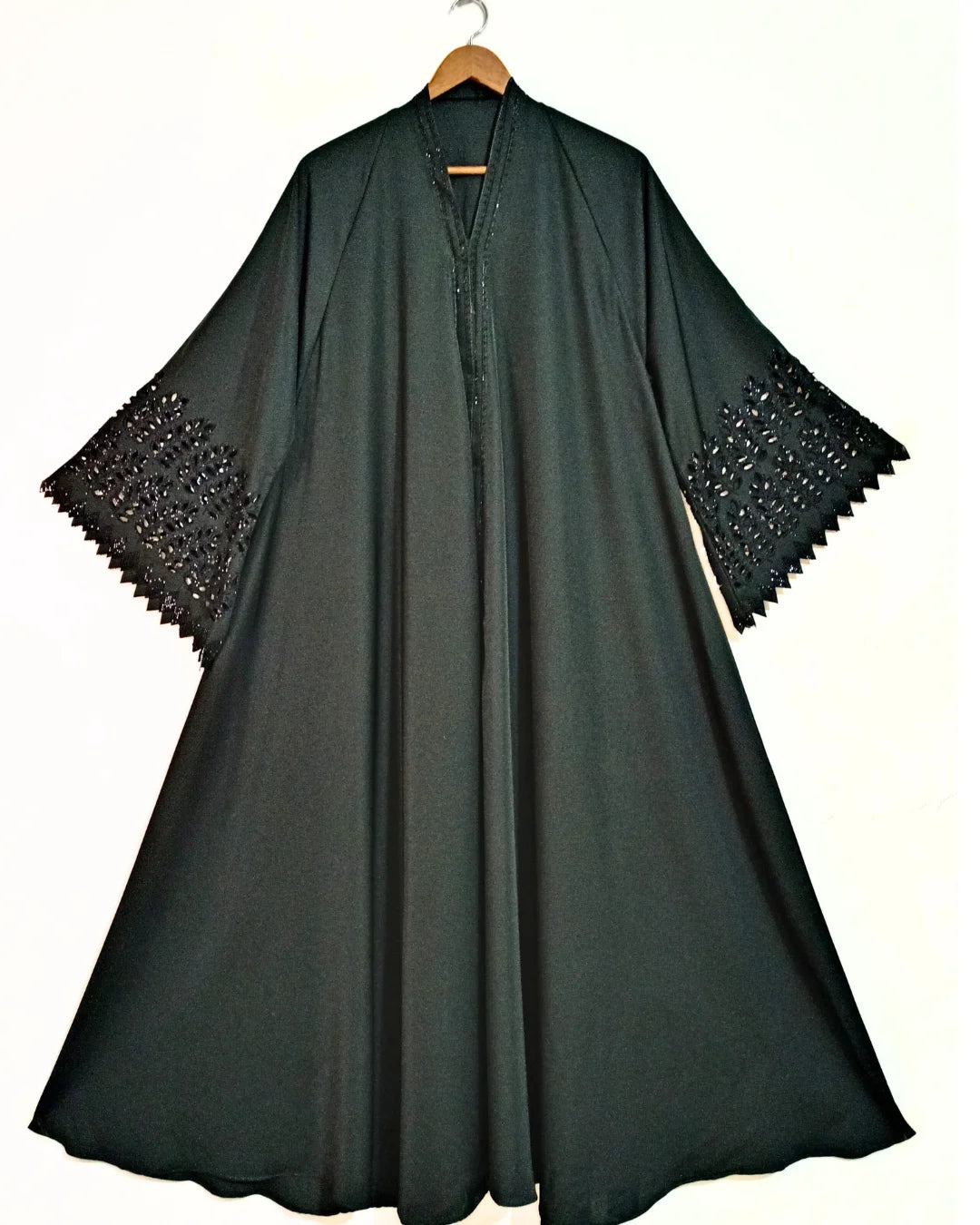 Smoky Green Nidha Abaya- Petal Cutwork Sleeves