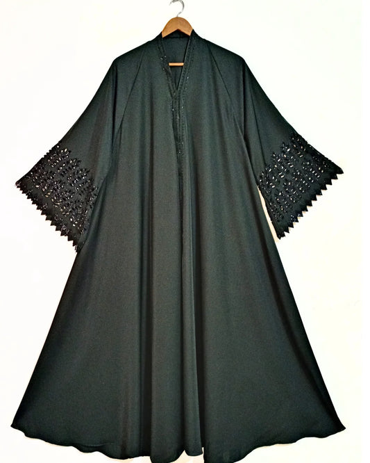 Smoky Green Nidha Abaya- Petal Cutwork Sleeves