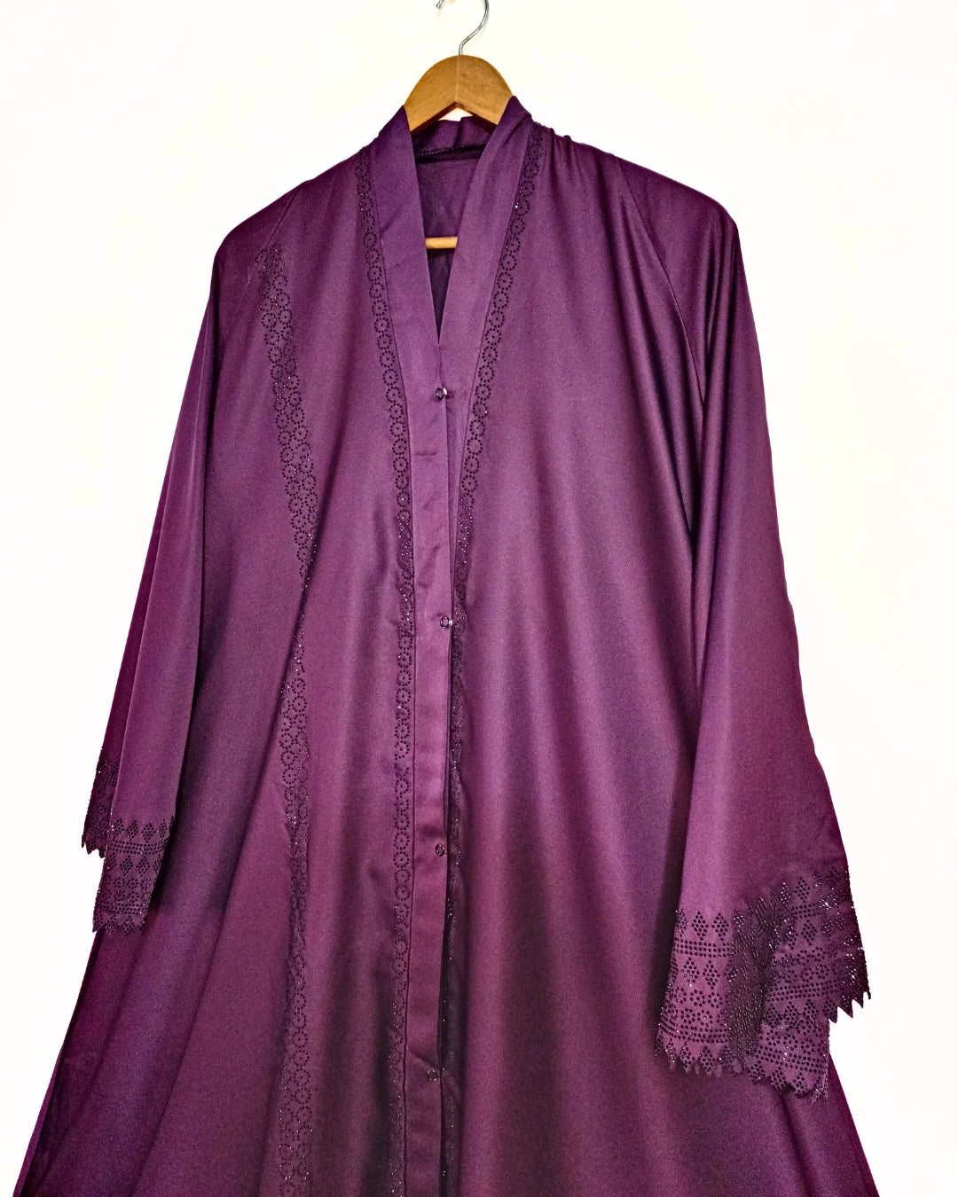 Matte Purple Front Open Abaya with Staller - Cutwork Sleeves