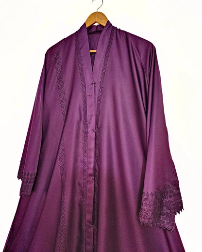 Matte Purple Front Open Abaya with Staller - Cutwork Sleeves