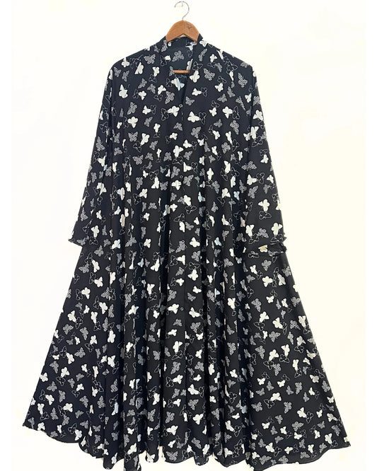 Black Butterfly Print Front Open Long Flair Abaya