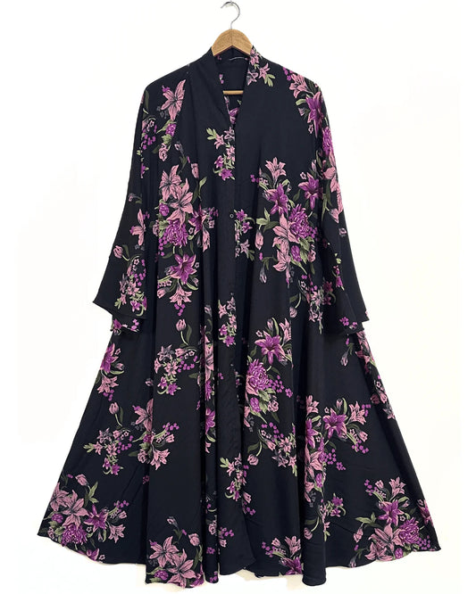 Pink Blossom Front Open Long Flare Abaya